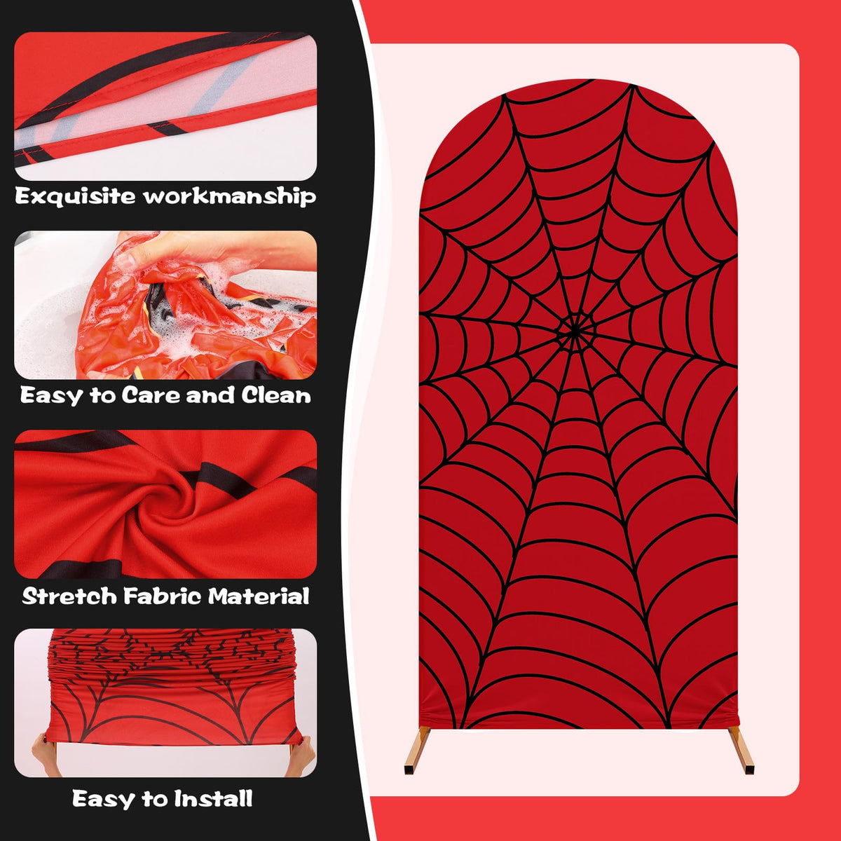 Hillsuren 137 Pcs Spider Web Theme Party Decoration Kit 4ft, 5ft, 6ft Red Black Blue Spider Web Arch Cover Backdrop Balloons Glue Ribbon Strip for Birthday Baby Shower Wedding Photography Decor