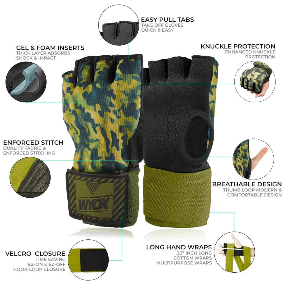 WYOX Gel Boxing Hand Wraps Inner Gloves for Men & Women, 80cm Quick Wrist Straps, Padded Knuckle Protection for Muay Thai Kickboxing, Hand Wraps for Boxing & Martial Arts (Vivid Forest, S/M)