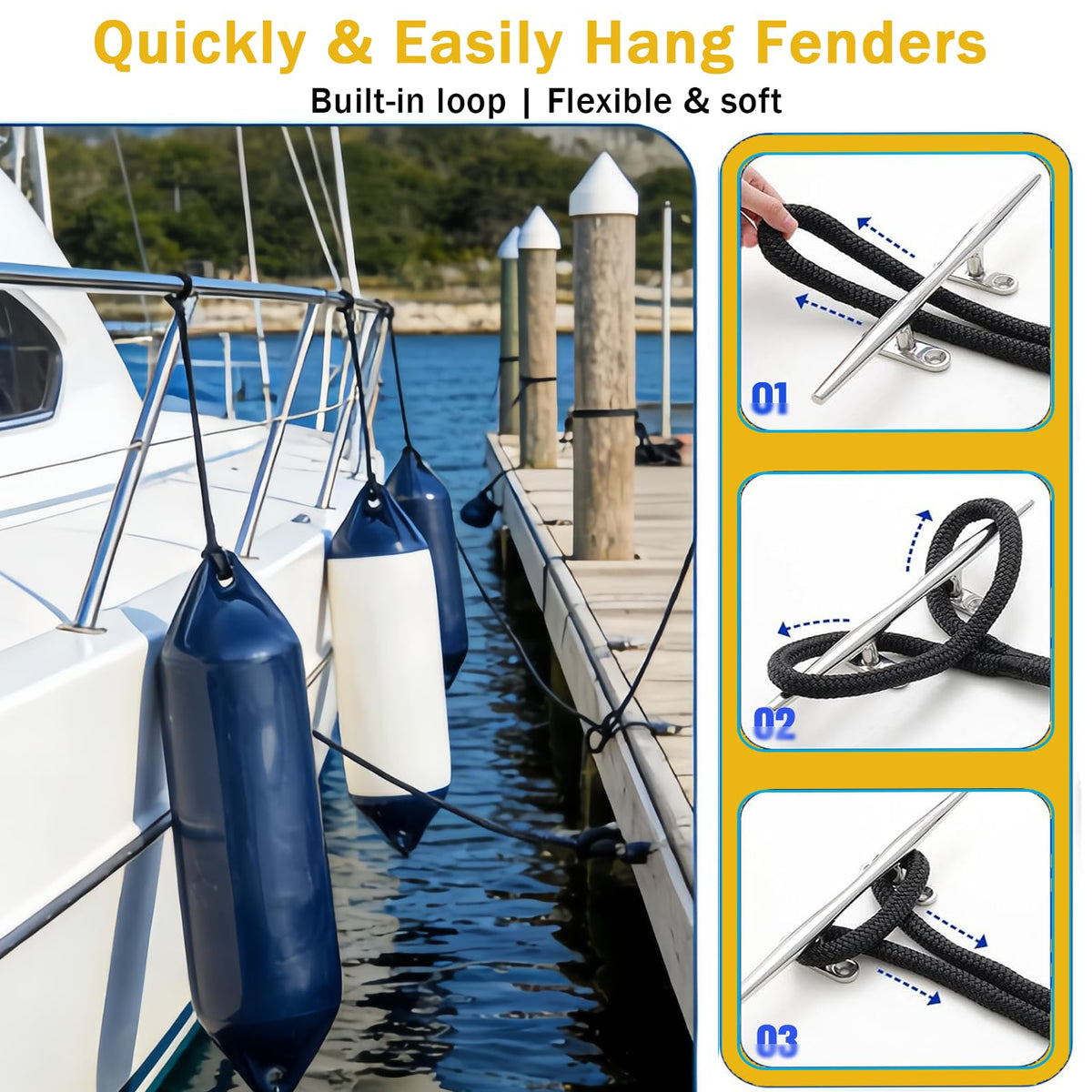 2 Pack 3/8'' x 6' Boat Fender Lines for Mooring, Docking Ties & Small Boat,Premium Marine- Grade Double Braided Nylon Boat Rope with a 5" Eyelet,Anti-Wear & Weather-Resistant-Lake Blue