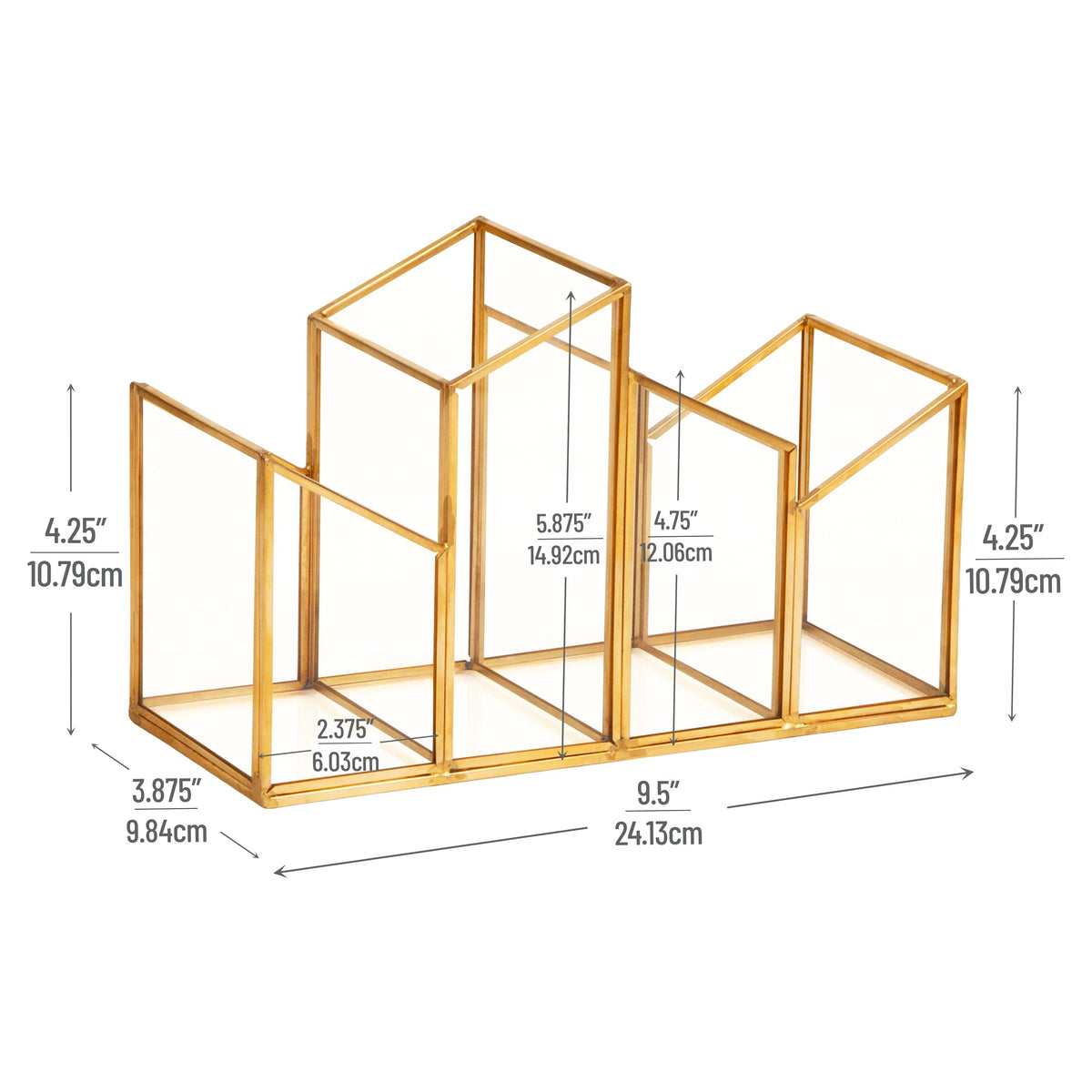 Mind Reader 4-Compartment Angled Glass Pen Holder with Copper Trim, Desktop Organizer for Office Supplies & Accessories, Glass and Copper, Clear