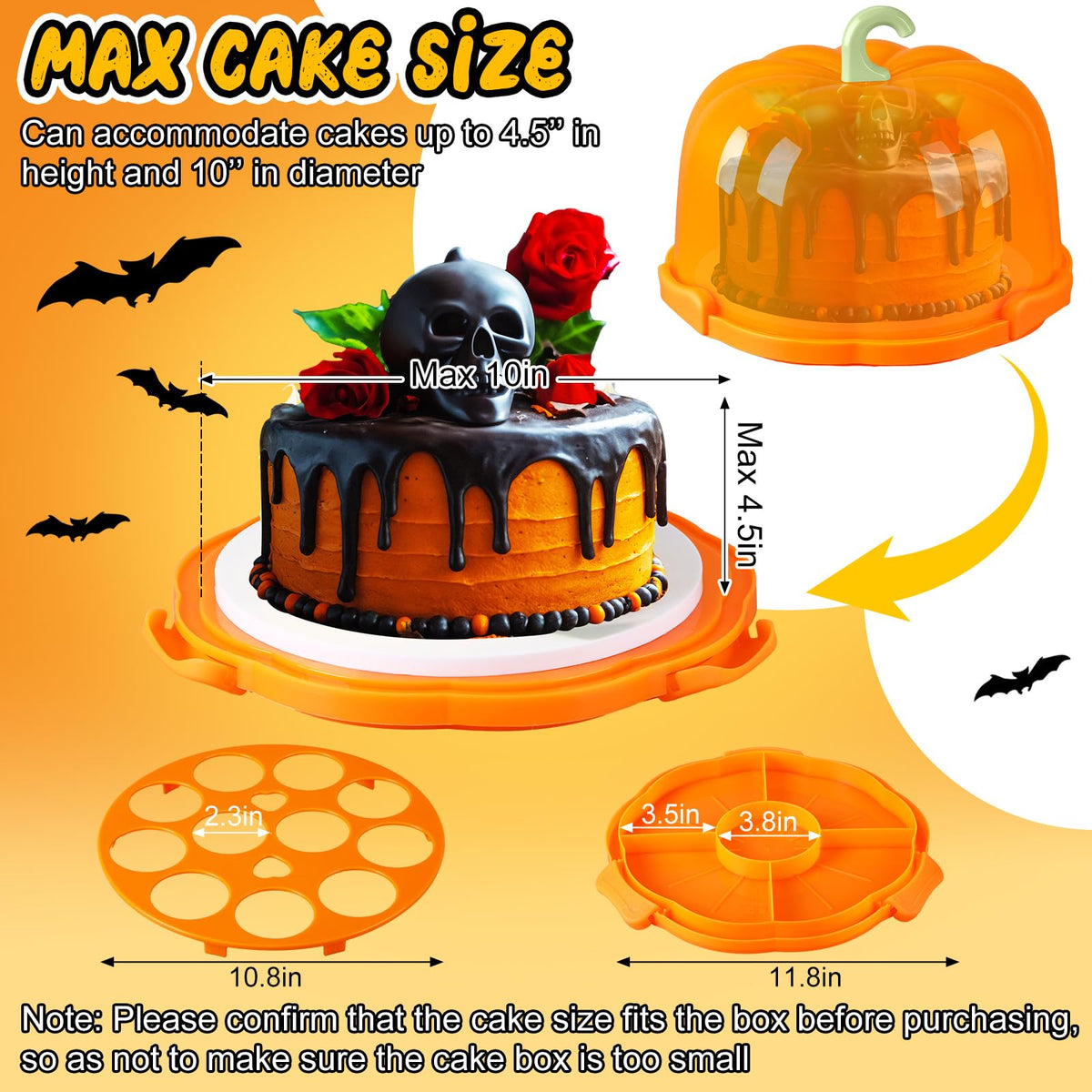Zhehao 10 Inch Fall Cake Carrier Holds, Pumpkin Cake Stand with Lid and Handle, Halloween Autumn Harvest Plastic Transport Storage Container, Suitable for Transporting Pies, Cupcakes and More(Orange)