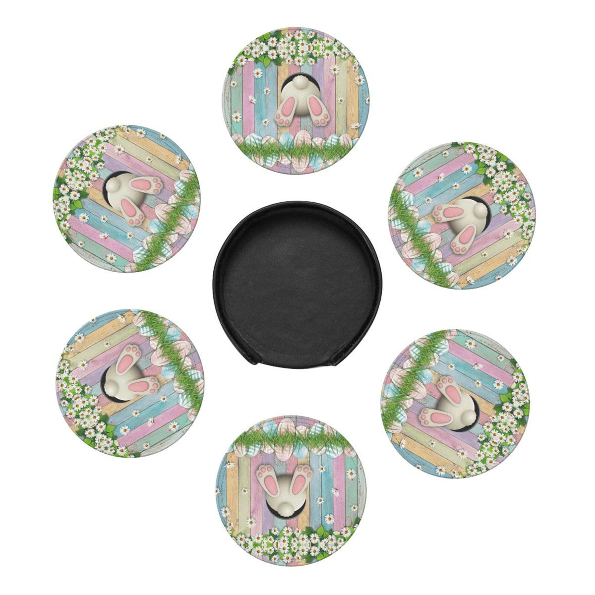 6 Pack Cute Easter Eggs Bunny Coasters for Drinks with Holder, Leather Coasters for Kitchen,Coffee Decor