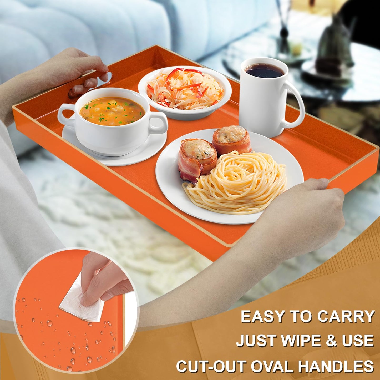 MAONAME Orange Serving Tray with Handles, Modern Decorative Trays for Coffee Table, Plastic Rectangular Trays for Ottoman, Bathroom, Halloween Decor, 15.8” x 10.2” x 1.4"