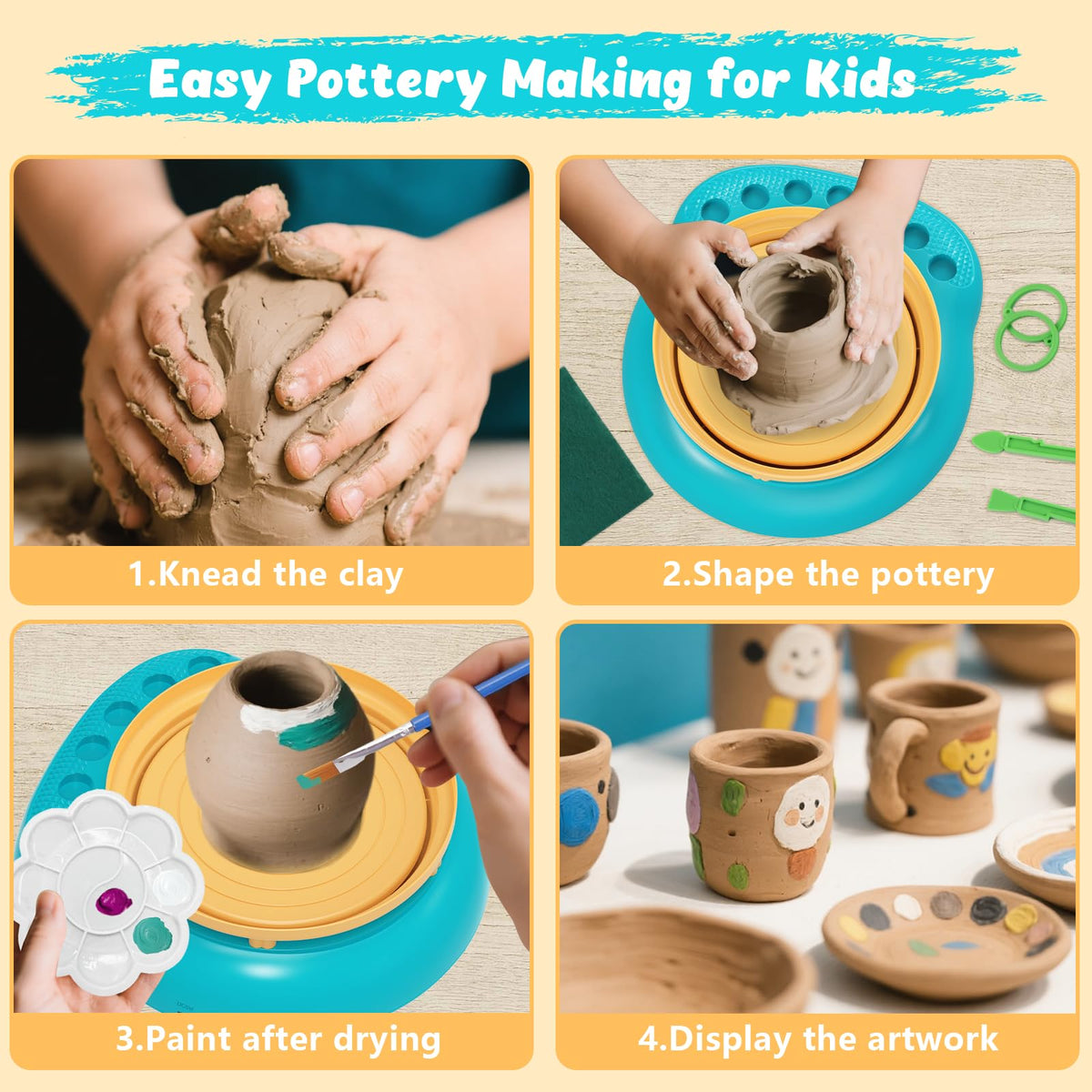 TingingYuli Pottery Wheel for Kids with Clay Kit - Arts and Crafts for Kids Ages 6-8 8-12, Complete Pottery Kit with Air Dry Clay and Painting Tools, Easter Christmas Birthday Gift for Boys Girls