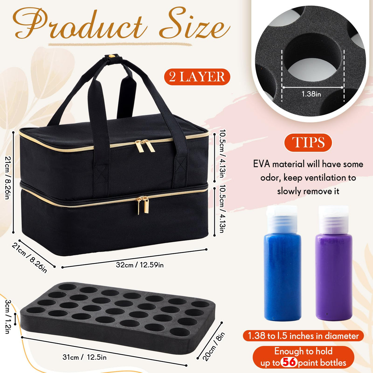 Abbylike Acrylic Paint Organizer Case for up to 56 Bottles (2 Oz) Double Layer Art Supply Storage Bag Alcohol Ink Storage Paint Carry Case with Foam Insert and Inner Pocket(Black)