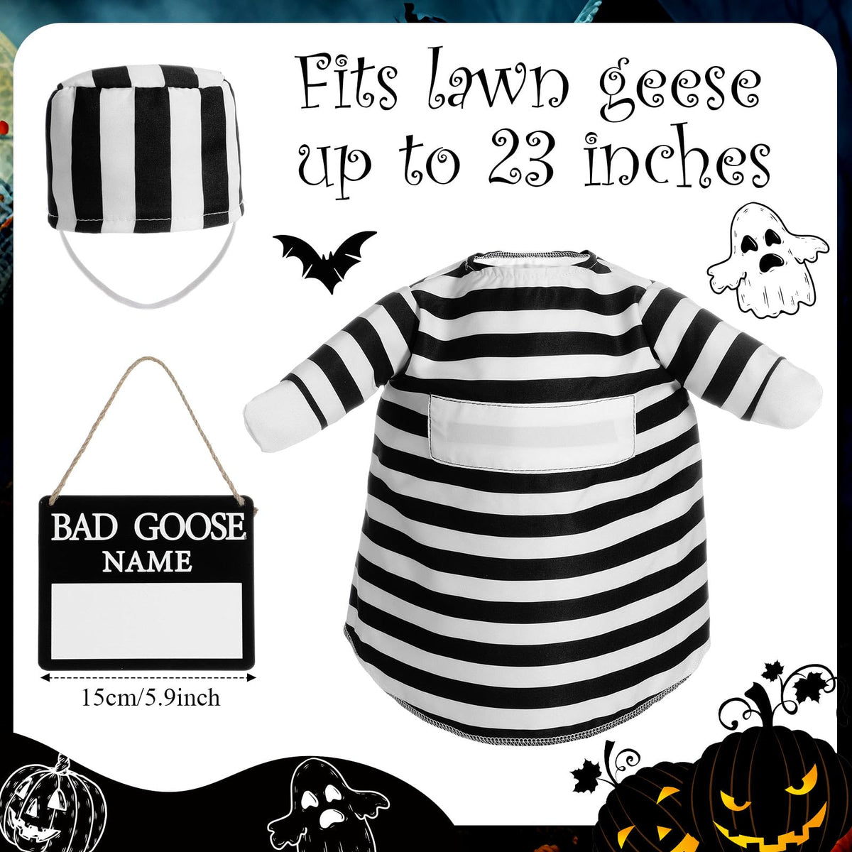 Shyyween Halloween Prisoner Porch Goose Outfit Plastic Lawn Porch Goose Statue Prisoner Clothes with Bad Name Wooden Sign for Outdoor Patio Yard Art Decoration Cosplay