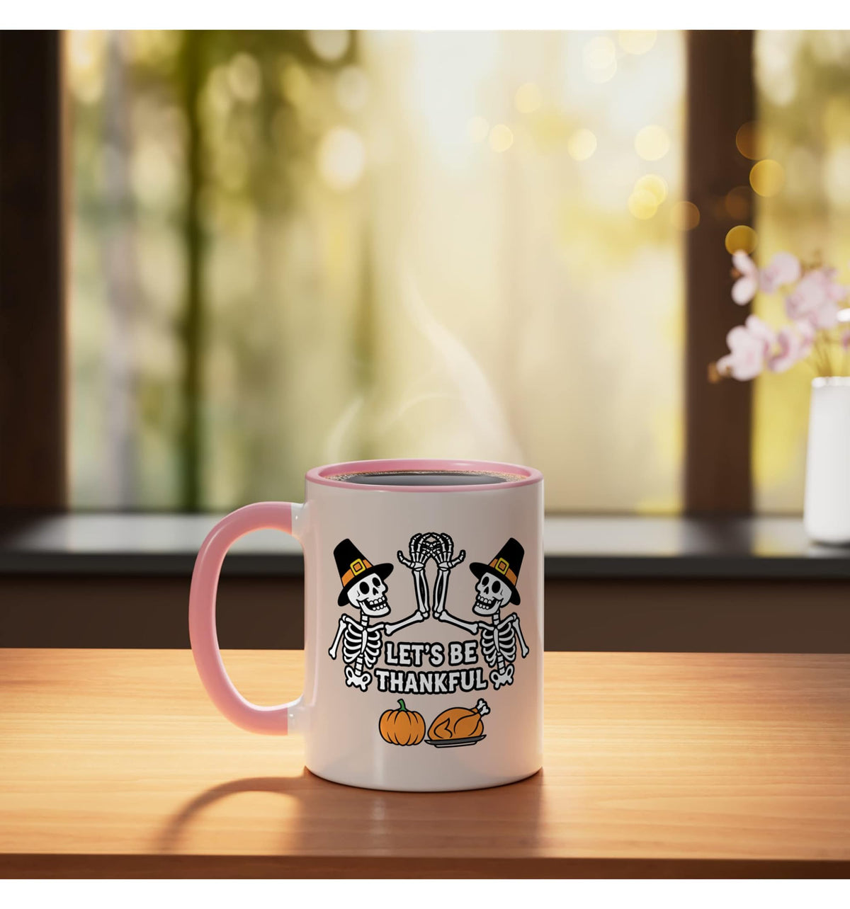 LET'S BE THANKFUL, Halloween Skeletons With Pumpk Ceramic Mug, Pink/White