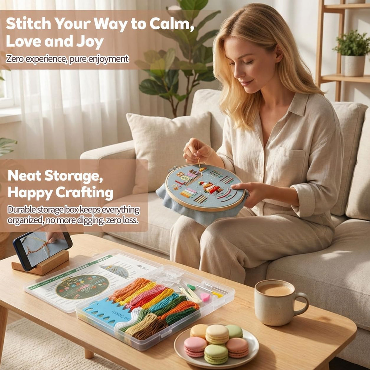 CLRDIVA Embroidery Starter Kit for Beginners: Easy DIY Needlepoint Set with Phone Stand for Step-by-Step Video Tutorials - Stress Free to Learn 29 Basic Stitches - Relaxing Crafts for Adults