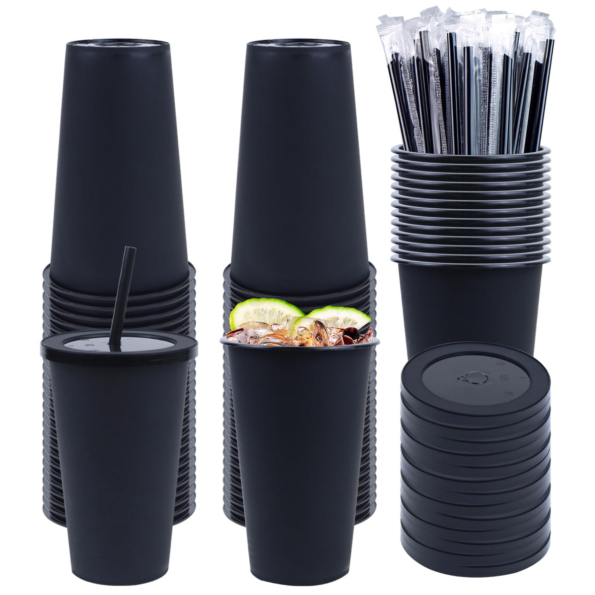 Ahongwenxi 50 Pack Black Plastic Cups with Lids and Straws, 16 oz Disposable Plastic Tumblers Iced Coffee Cups Travel Mug Cup for Juices Halloween Birthday Bachelorette Party Wedding (Black, 16 oz)