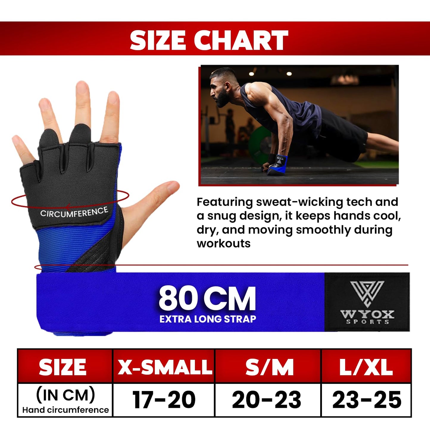 WYOX Gel Boxing Hand Wraps Inner Gloves for Men & Women, 80cm Quick Wrist Straps, Padded Knuckle Protection for Muay Thai Kickboxing, Hand Wraps for Boxing & Martial Arts (Blue, L/XL)