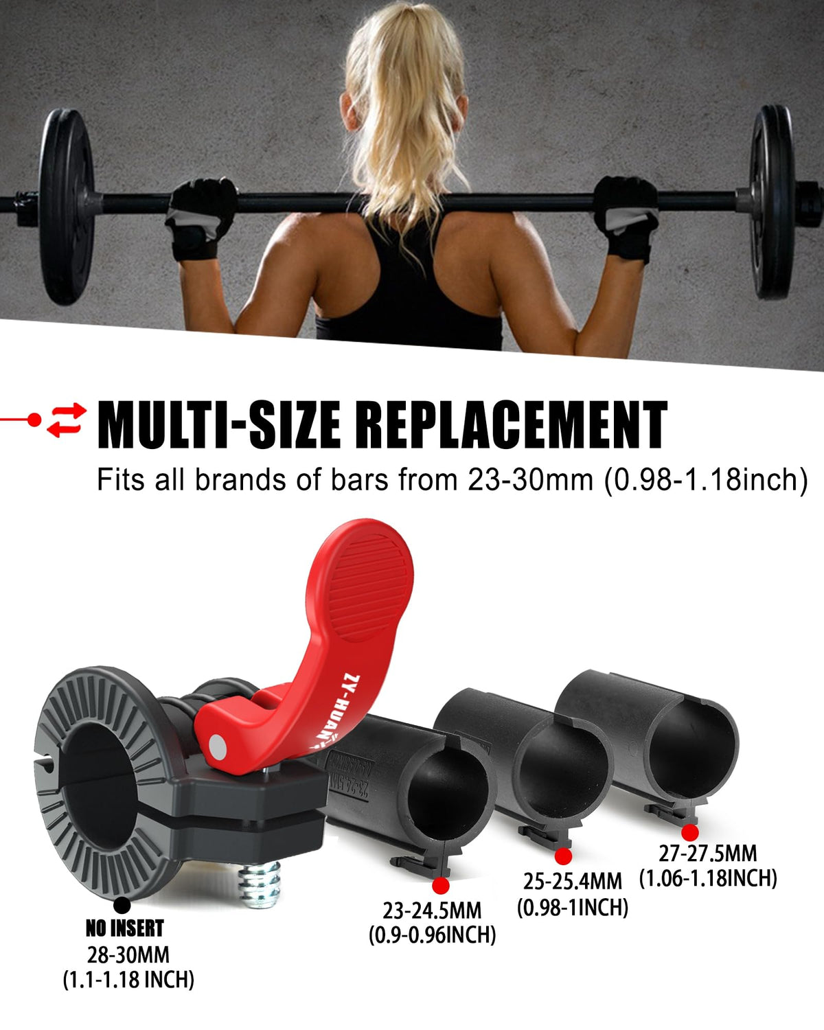 ZY-HUAN Pro Barbell Clips 1 inch Barbell Clamps 0.9-1.18inch Quick Release Weight Clips for Bars Multi-Size Adjustable Olympic Barbell Clamps (Black+Red)