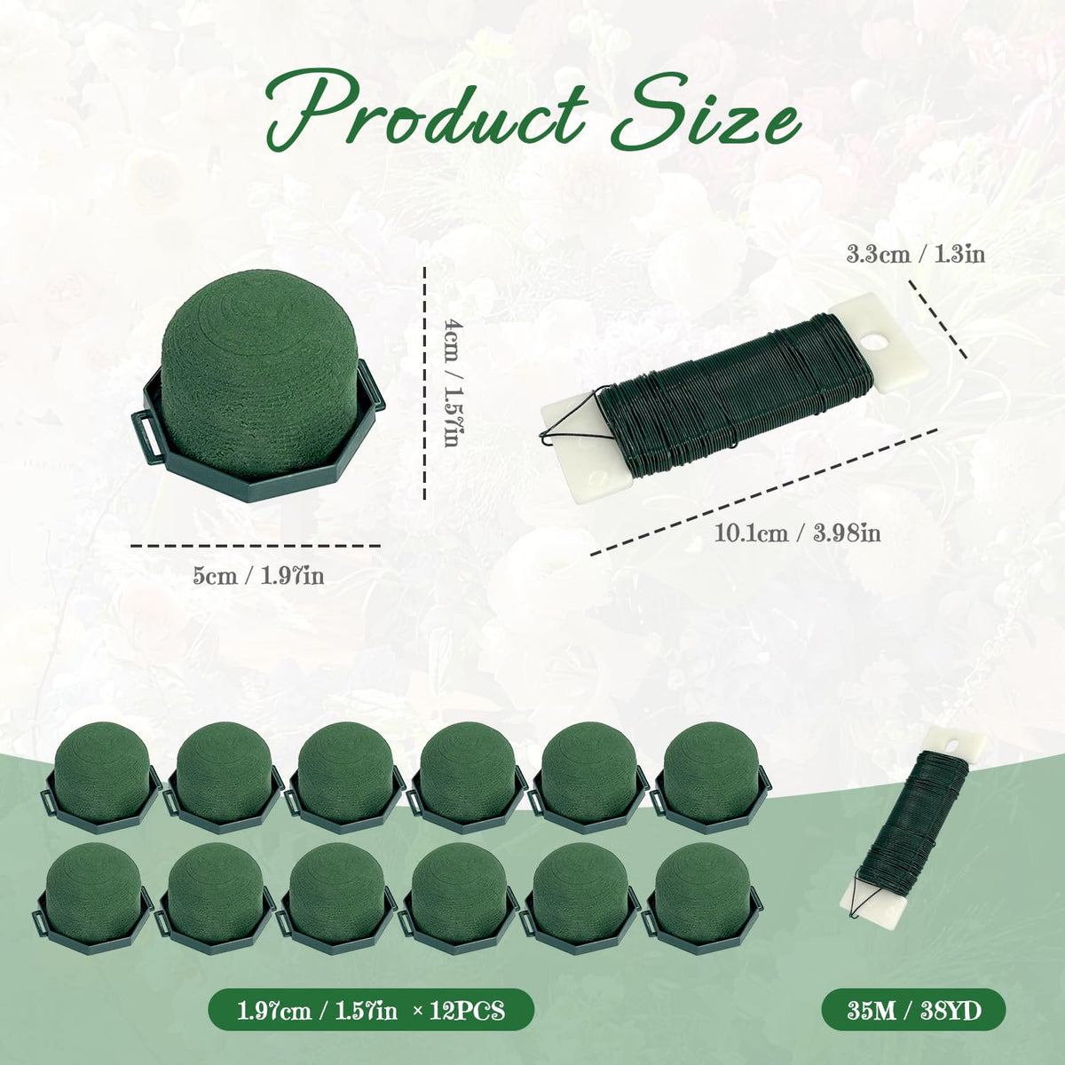 Flower Foam Holders, 12 Pcs Green Round Floral Foam with Adhesive & 38Yd Wire for Wine Bottle Arrangements, Wedding Centerpieces, DIY Fresh/Dried Artificial Flowers Decor