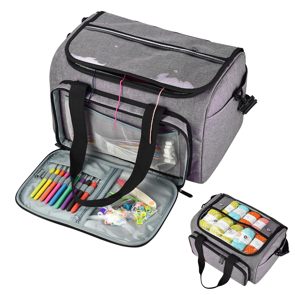 Weabetfu Large Crochet Bag Knitting Bags and Totes Organizer Huge Yarn Bag Storage for Crocheting Knitter,Crochet Hooks,Knitting Needles Kit,Supplies,Yarn - Ideal Crochet & Knitting Gift(Grey)