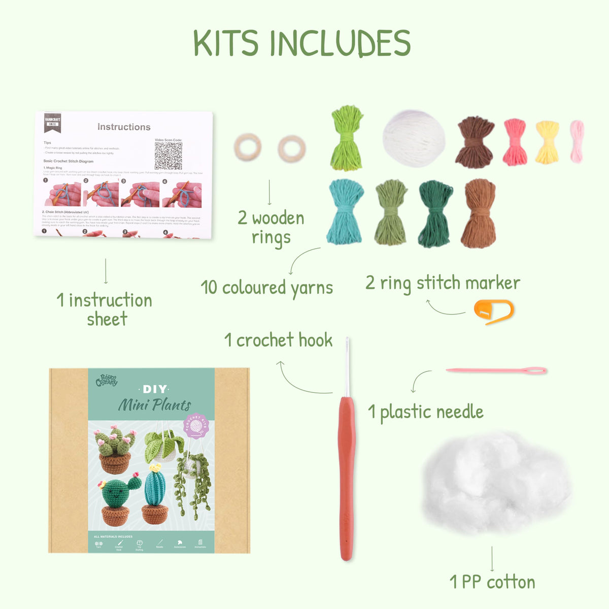 HOUSE CREATIVITY Crochet Kit for Beginners, Make 5 Hanging Potted Crochet Plants, Amigurumi Kit with Video Tutorial, Yarn, Hook & Pots, Cozy Stress Relief Gift for Adults, Cute Desk & Office Decor