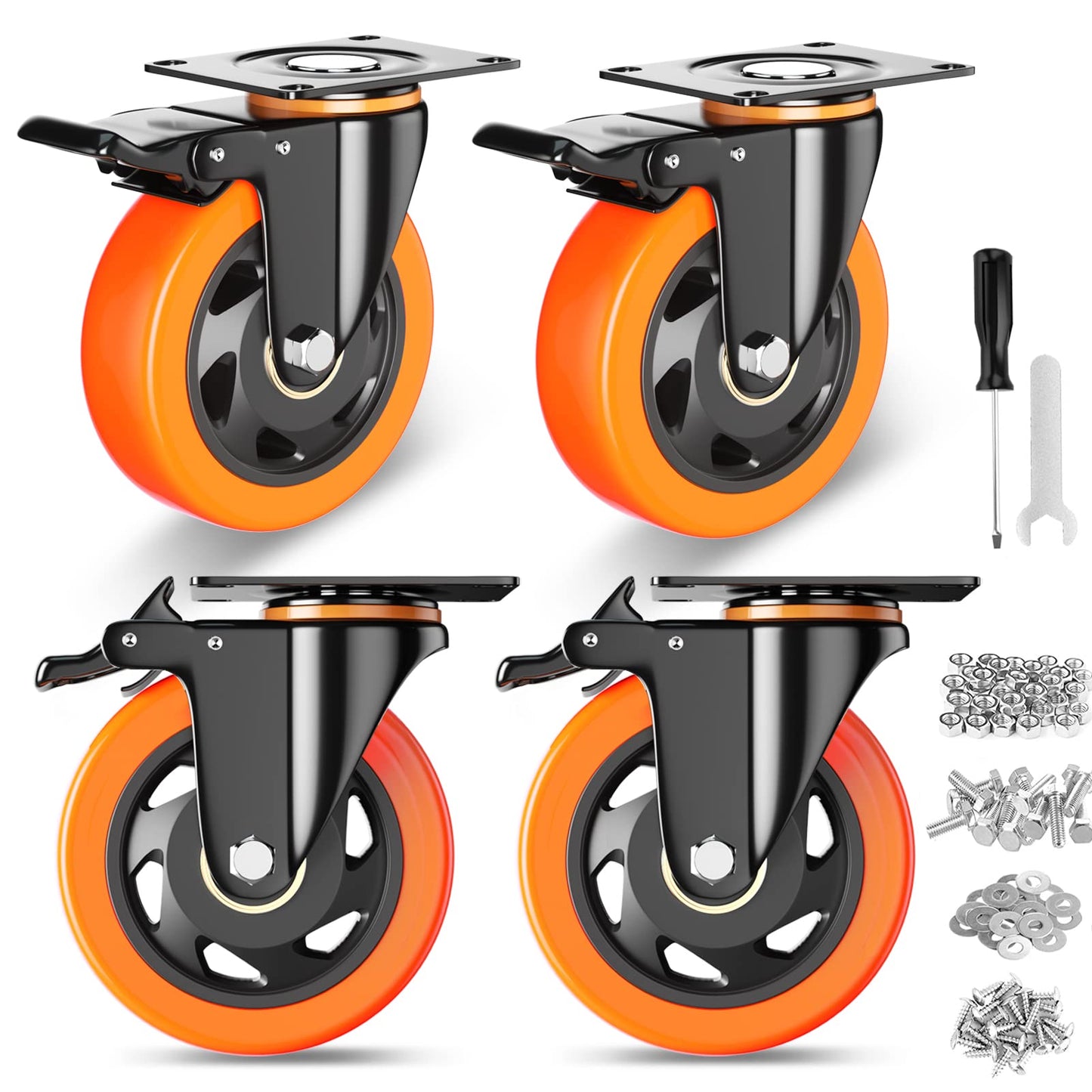 4 Inch Caster Wheels, Casters Set of 4, Heavy Duty Casters with Brake 2200 Lbs, Locking Industrial Swivel Top Plate Casters Wheels for Furniture and Workbench Cart(Two Hardware Kits Include)