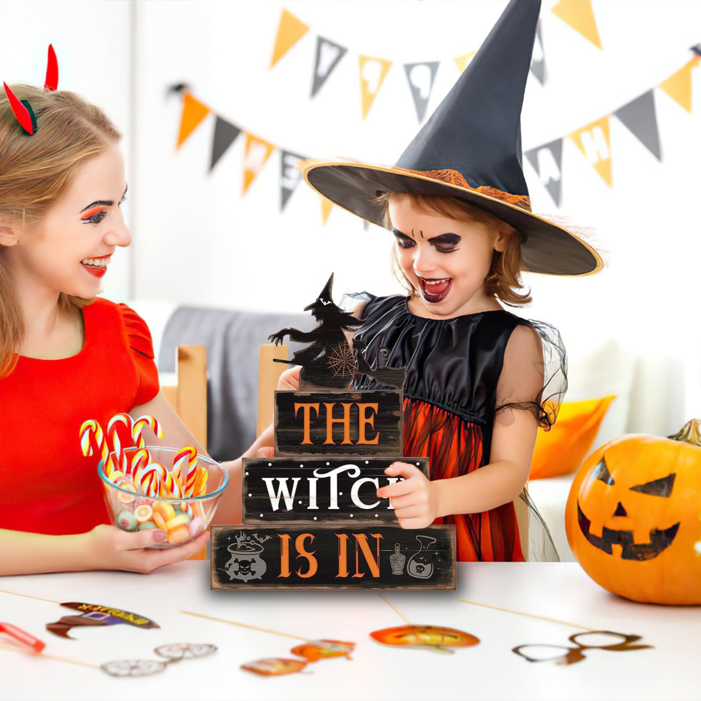Halloween Decor Indoor - Rustic Wooden Witch Signs Home Decorations for Farmhouse Kitchen, Shelf, Living Room, Tabletop Decorations, Suitable for Fall Party Table Centerpiece