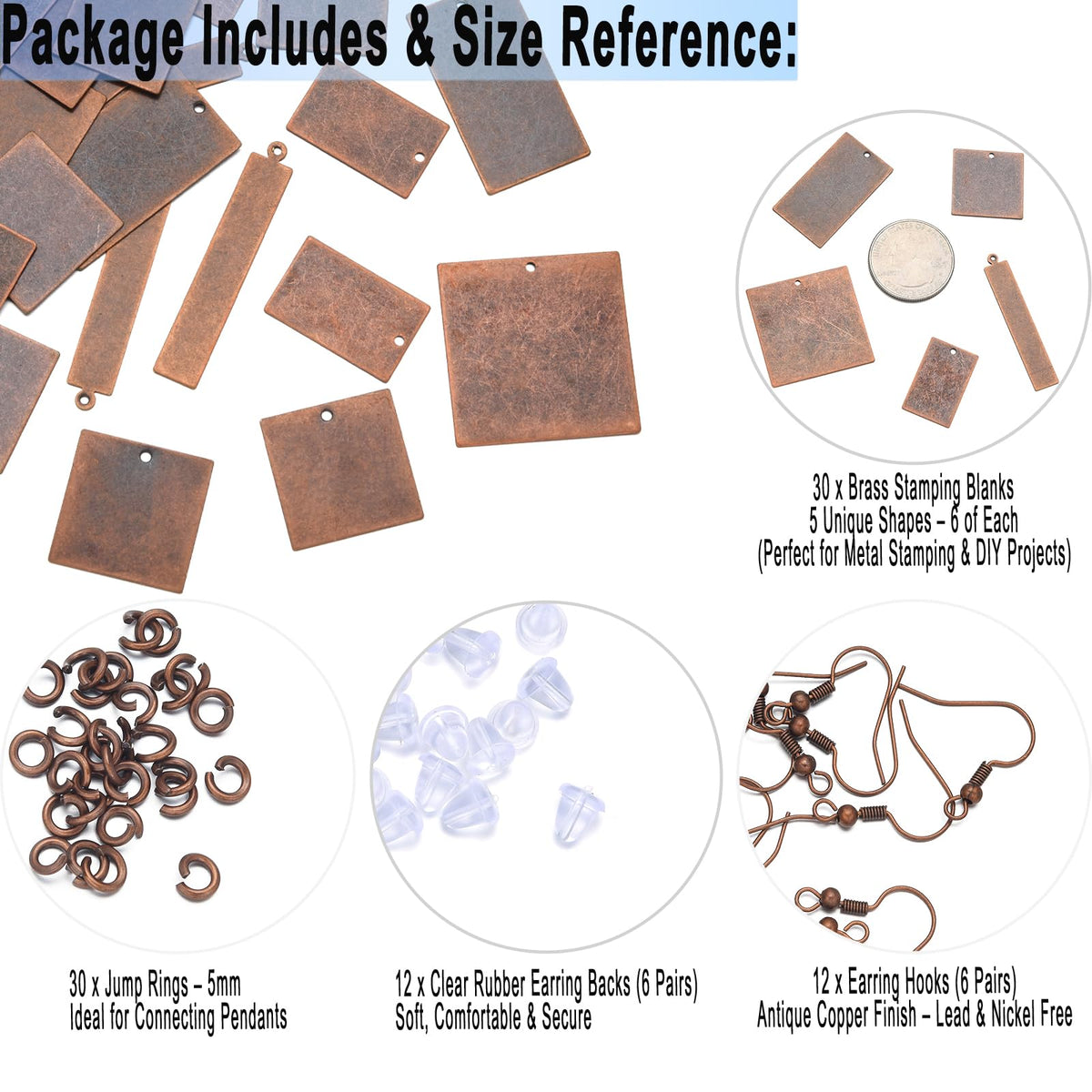 ROSENORTH Jewelry Stamping Kit – 30 Antique Copper Brass Blanks in 5 Shapes with Earring Hooks, Backs & Jump Rings for DIY Earrings & Necklaces (84 PCS)