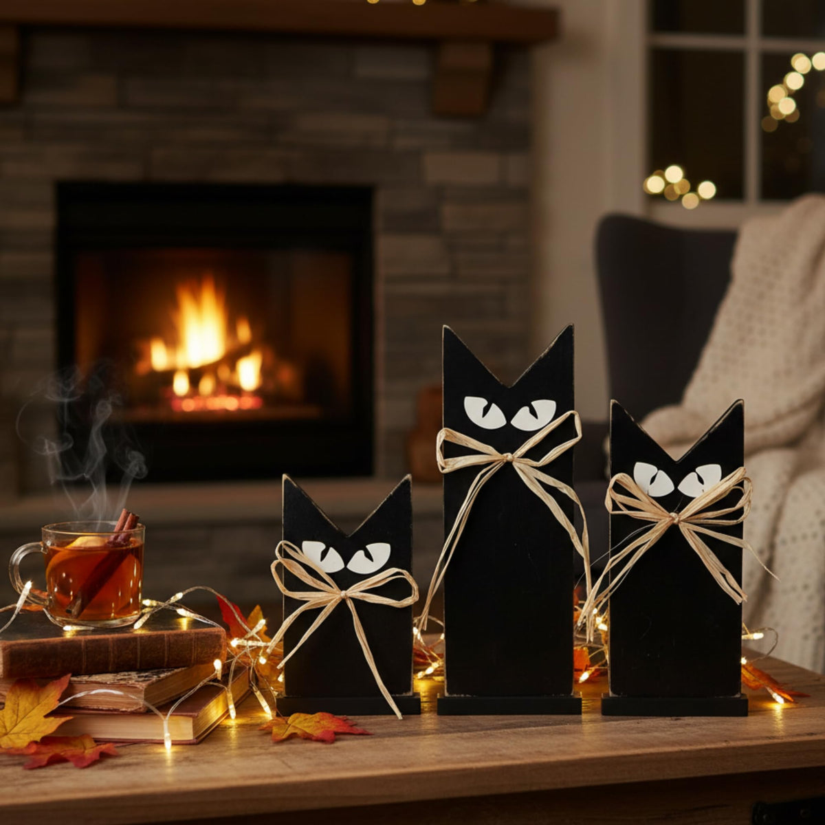 HH Family Halloween Table Decorations Black Cat Rustic Wooden Party Decor for Tabletop Shelf or Mantel (3 Black Cats)
