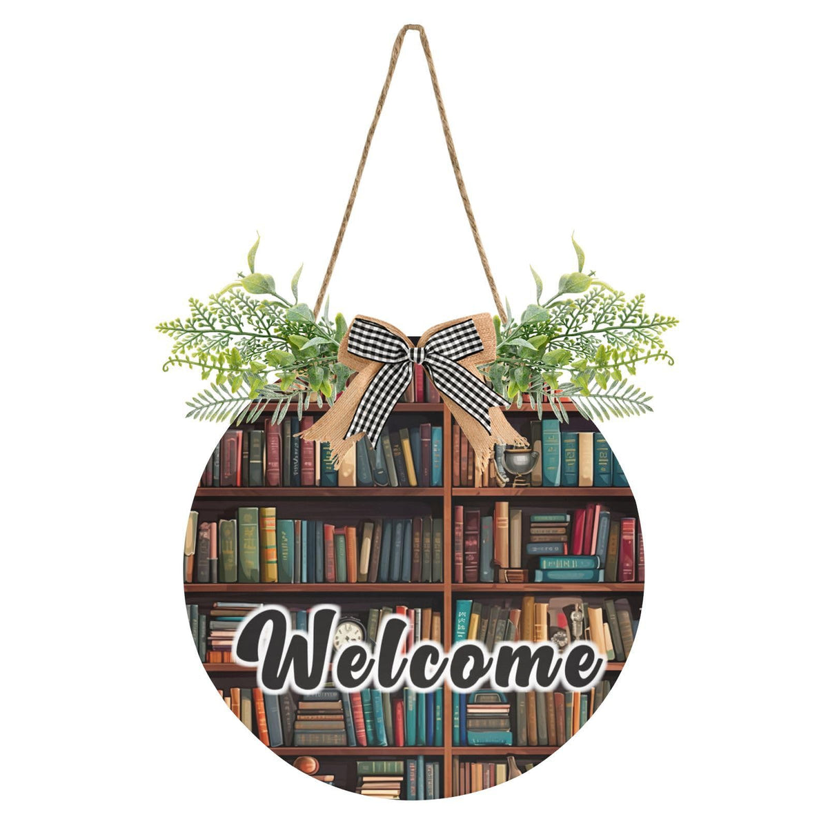 YETTASBIN Welcome Sign Library Bookshelf Front Door Sign, Waterproof Wall Hanging Plaque Decorative Porch Wreath for Housewarming, Farmhouse Yard Garden Home Holiday Decor, 12 x 12 Inch