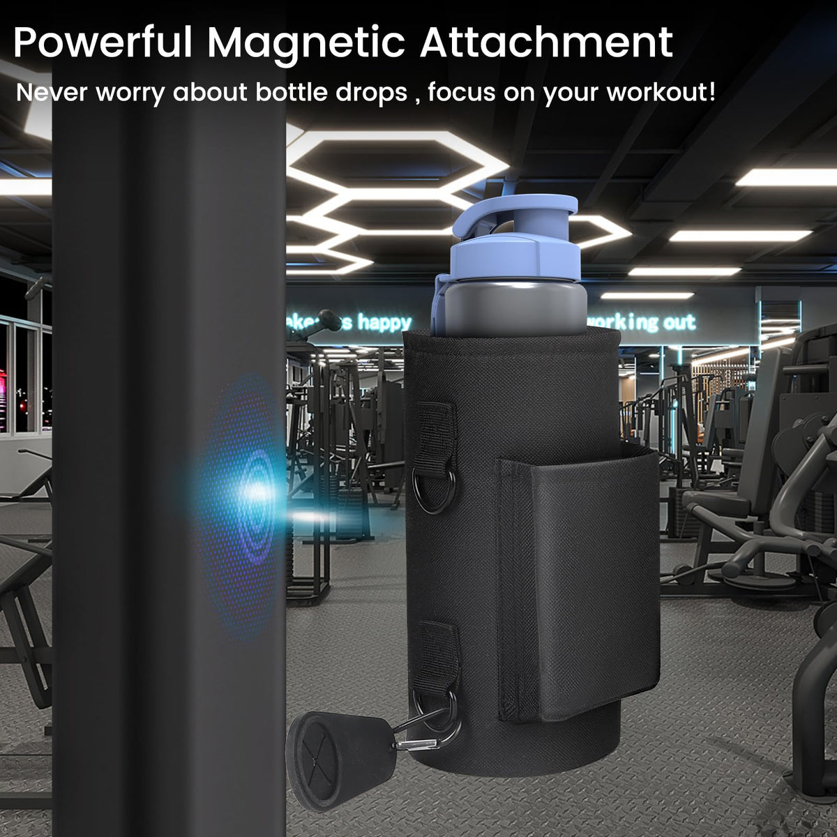 Magnetic Gym Bag with Phone Pocket Water Bottle Holder – 6 Built-in Magnets for Hands-Free Use – Ideal for Workouts, Outdoor, Travel – Securely Attaches to Equipmen (Black)