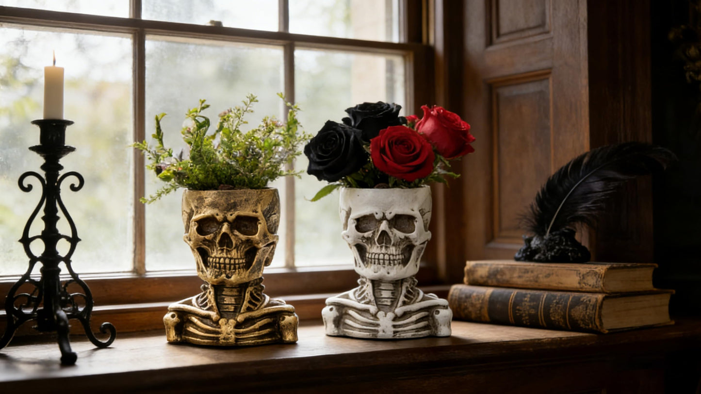 COMODID Unique Skull Decor,Skeleton Planter Spooky Face Flower Pot with Drainage Hole,Resin Skull Head Planter for Succulents, Indoor Outdoor Gothic Halloween Home Decor, Gift for Plant Lovers（White）