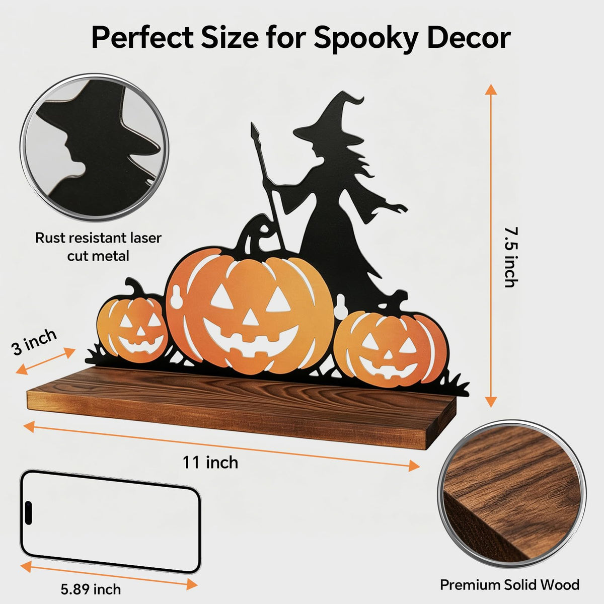 Pracaniz Halloween Pumpkin Shelf Decor, Witch Bat Iron Silhouette Tabletop Shelf Sitter with Rustic Wood Base, Halloween Mantel Decor Indoor, Witchy Gothic Accent for Crystals, 11" × 7.5"