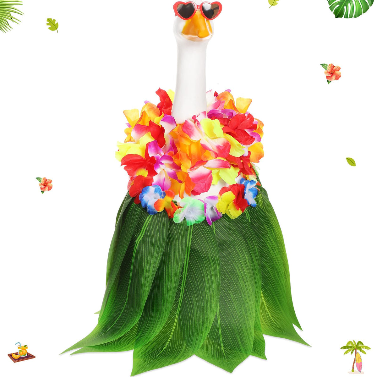 Silicherry 3 Pcs Hawaiian Goose Outfit, 23'' Porch Lawn Luau Goose Statue Clothes Grass Skirt Costume for Tropical Summer Patio Yard Outdoor Decoration