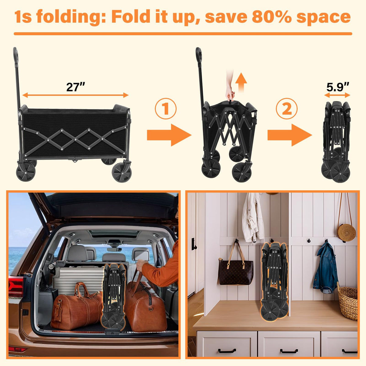 Wagons Carts Foldable,360lbs Collapsible Wagon with Wheels, Lightweight Foldable Wagon Cart with Drink Holders for Camping,Travel,Picnic,Shopping,Sports,Storage,Fashion Black