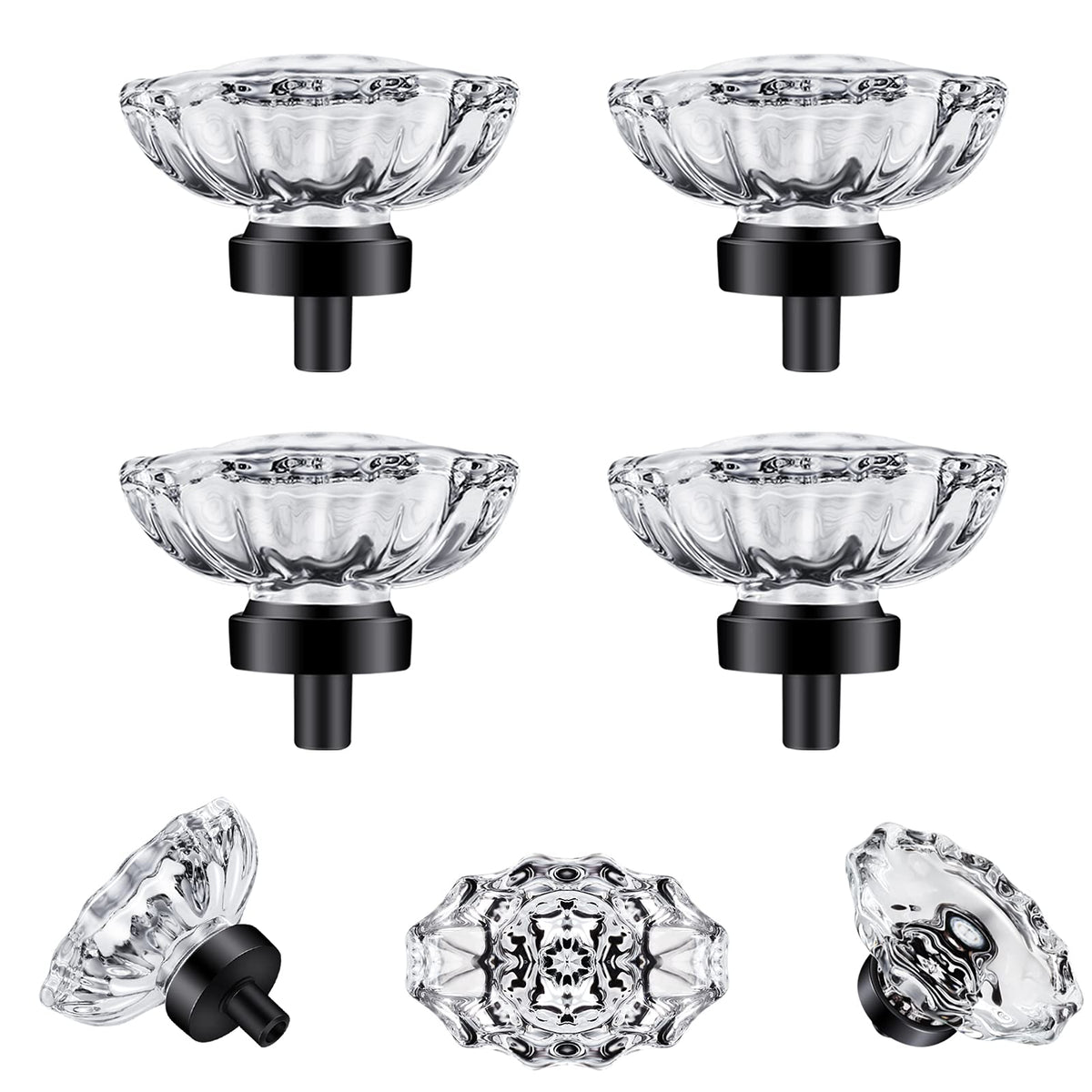 SHINY HANDLES Glass Crystal knobs for Dresser Drawers Cabinet,Crystal Knobs Drawer Knobs Vintage 4 Pack,Matte Black (45×35mm,Oval)