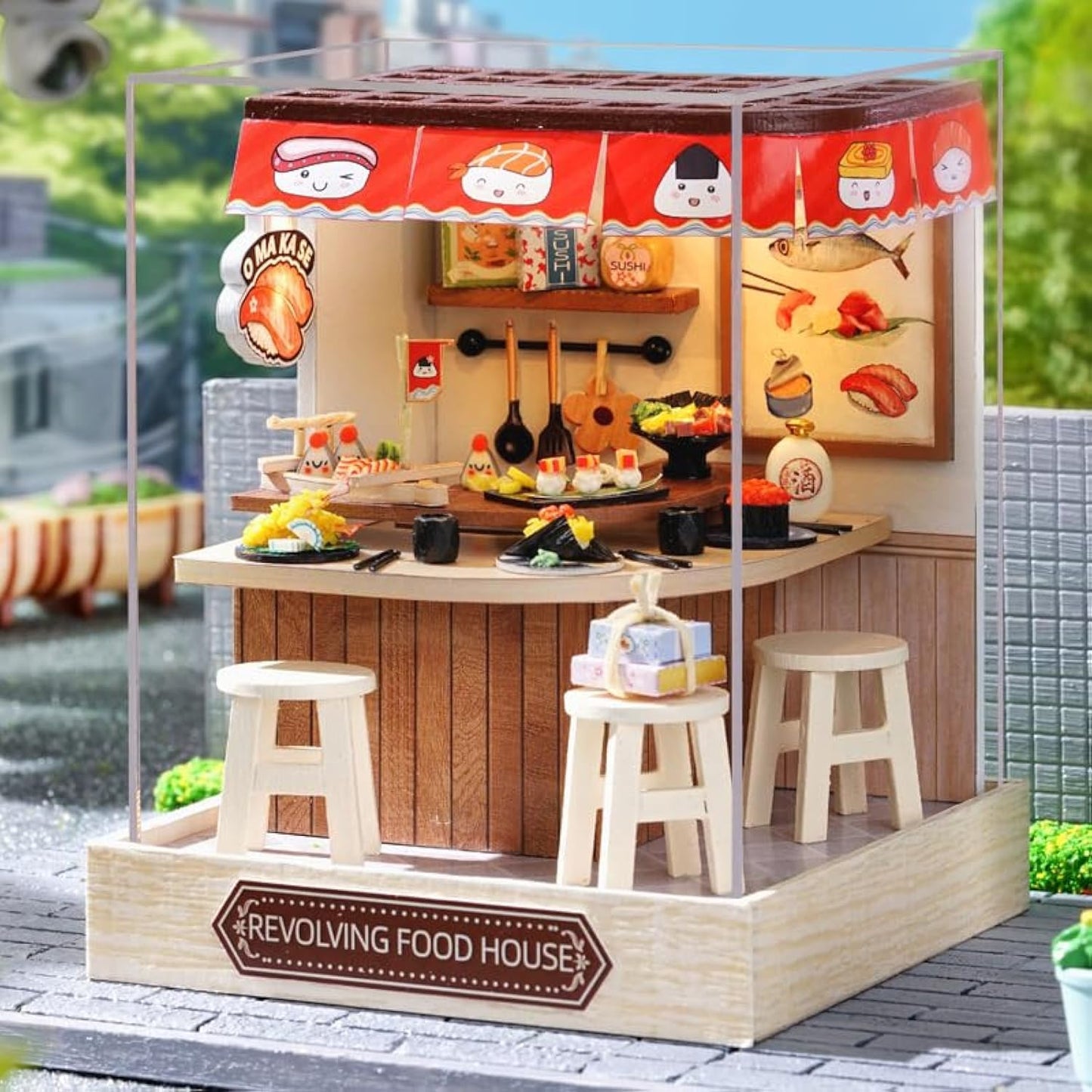 Miniature House Kit, CUTEROOM Tiny House Kit Wooden Dollhouse Kit Mini House Making Kit with Dust Cover, DIY Sushi Dollhouse Kit Birthday Gift (Food House)