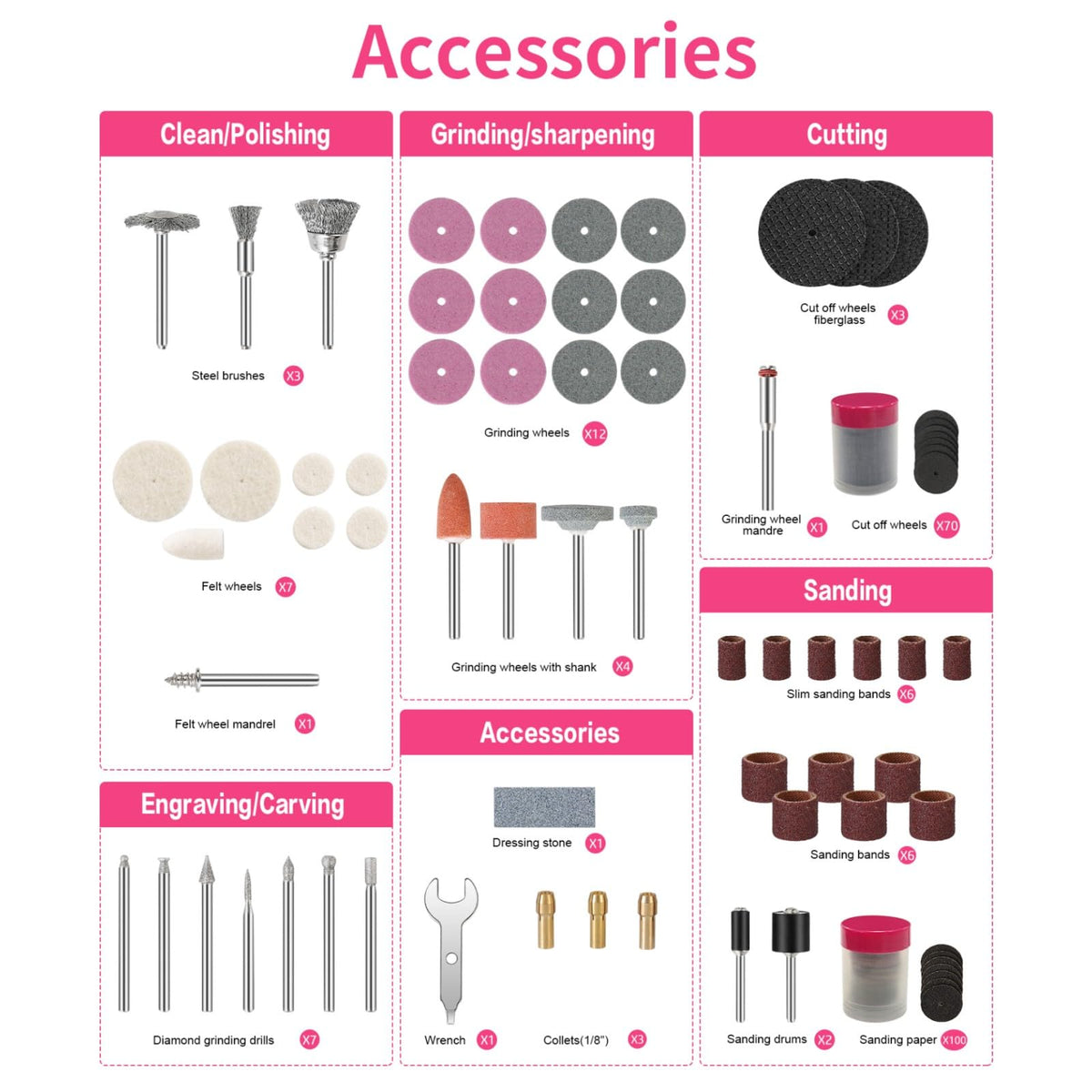 HARDELL Rotary Tool Accessories, 230pcs Power Rotary Tool Accessories Kit, 1/8"(3.2mm) Diameter Shanks, Universal Fitment for Easy Cutting, Polishing, Sanding, Carving, Grinding(Pink)