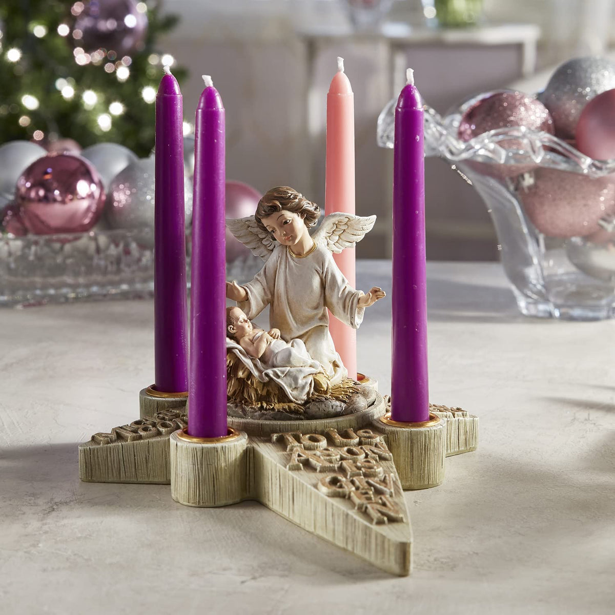 Avalon Gallery Sculpted Resin Advent/Christmas Candle Holder, 7.25" x 9.75", Angel Nativity Wreath