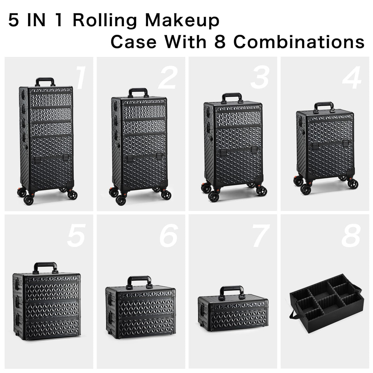 Yueieoun 5 in 1 Makeup Train Case, Cosmetology Case on Wheels Travel Make up Case Rolling Nail Cart Makeup Organizer Cosmetic Storage Box Cases Extra Large Trolley Truck with 360° Swivel Wheels, Black