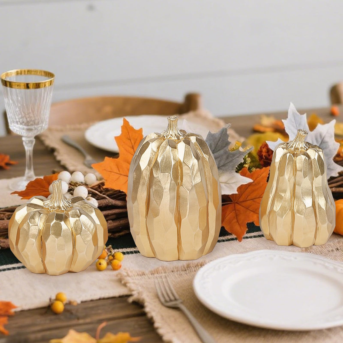 DETENE 3 Pack Thanksgiving Gold Pumpkins, Pumpkin Fall Decoration - Elegant Autumn Harvest Decor for Fall, Thanksgiving & Halloween, Perfect for Home, Table, Fireplace Mantel, Office & Kitchen