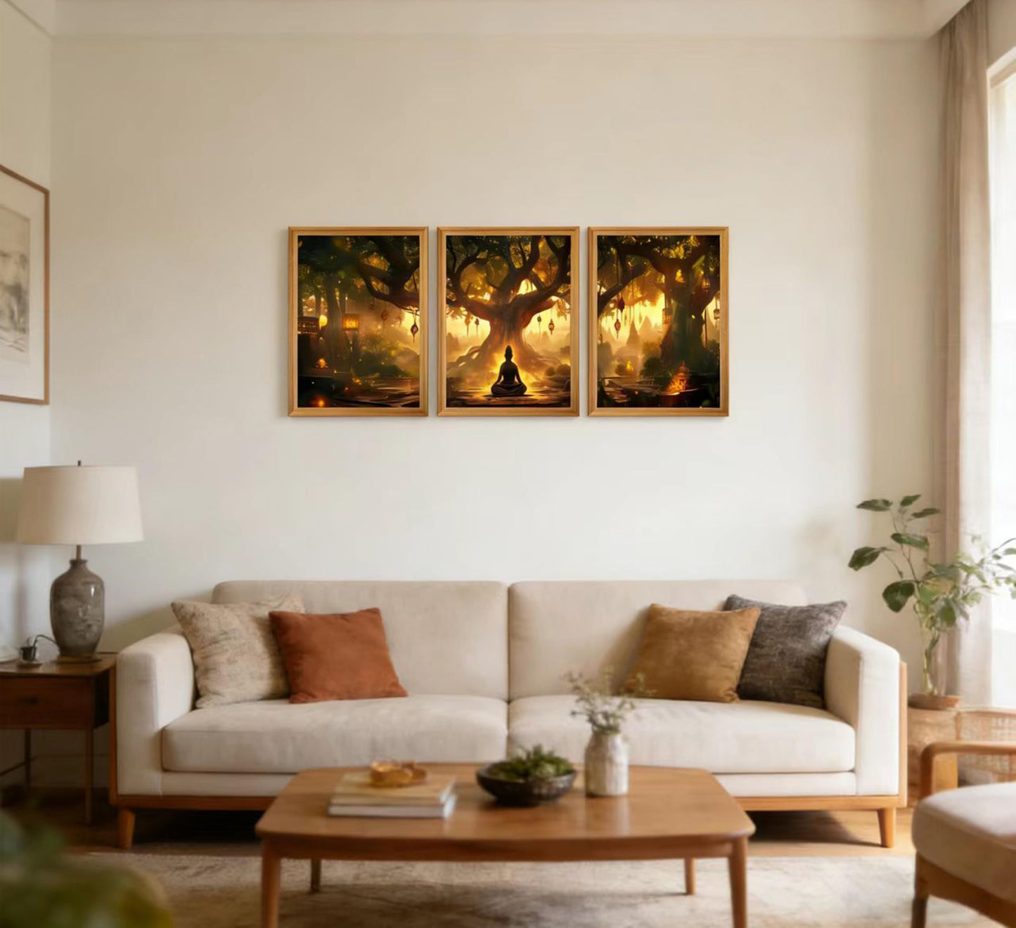3Pcs Framed Buddha Under Bodhi Tree Canvas Wall Art，Zen Spiritual Wall Decor, Mystical Forest Lantern Poster for Living Room Bedroom Office