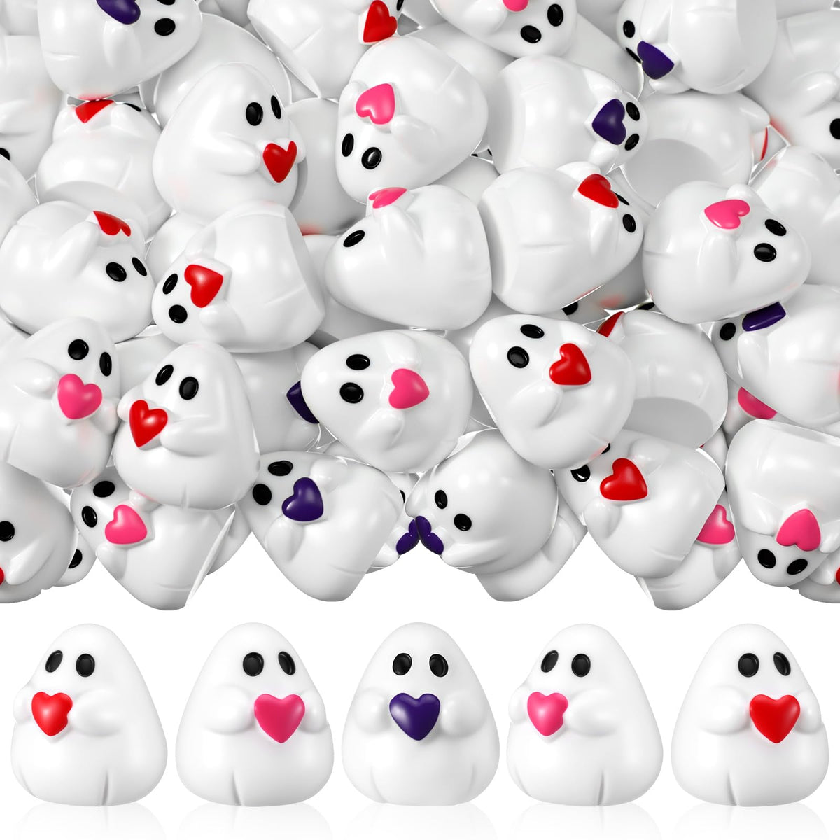 Soulchen 60 Pcs Mini Ghost Figurines Cute Miniatures Tiny Resin Ghost with Red Heart Little Small Resin Figures for Desktop Cake Landscape Decor Mother's Day Party Gifts(Pink,Purple,Red)