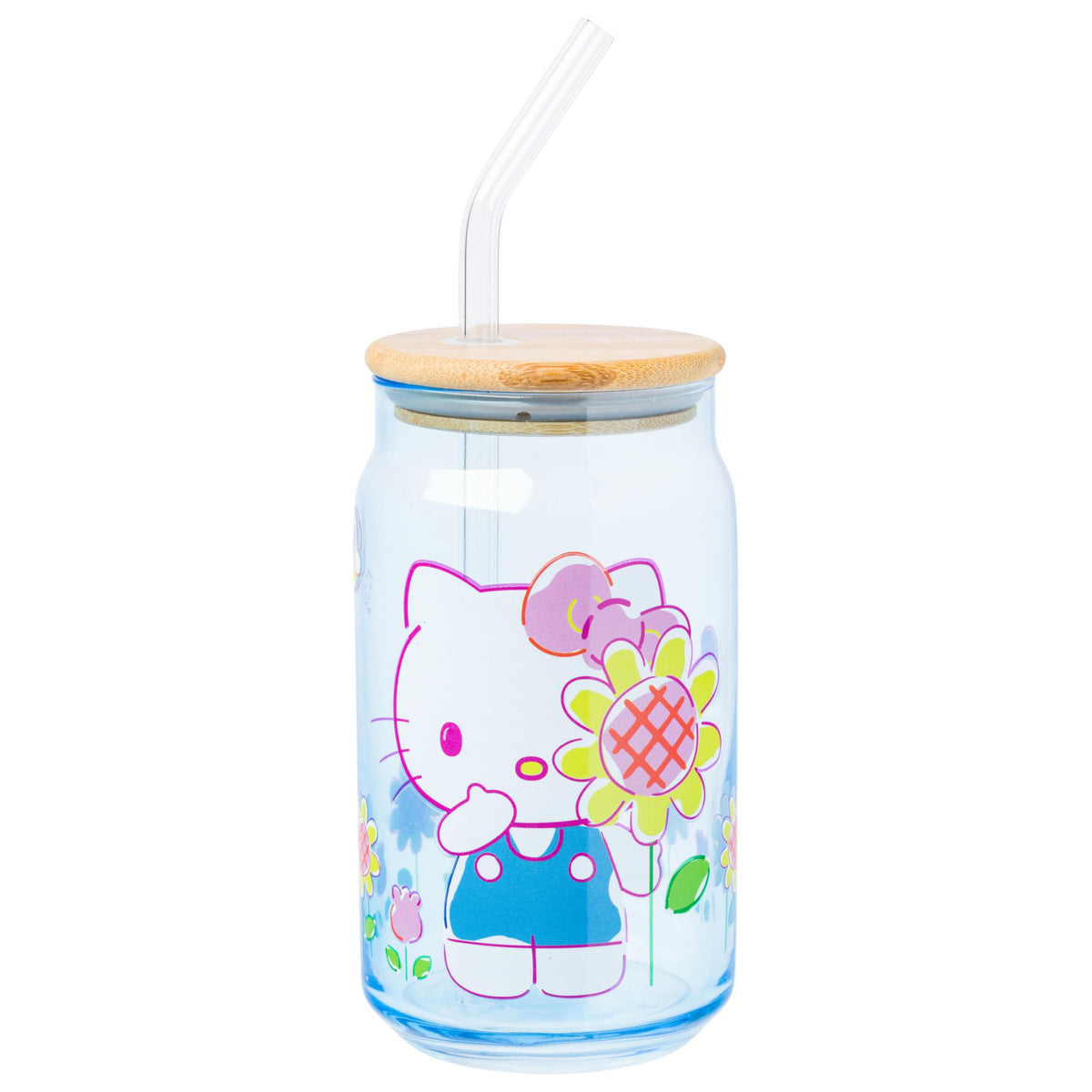 Silver Buffalo Sanrio Hello Kitty Floral Glass Tumbler with Bamboo Lid and Glass Straw, 16 Ounces