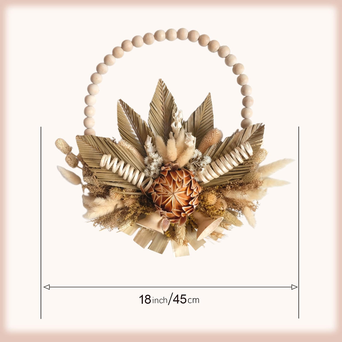 18 Inches idyllic Wood Bead Palm Leaves Wreaths for Front Door, Farmhouse Fall Harvest Thanksgiving Wreath, Fall Wall Kitchen Cabinet Decorations, Lantana