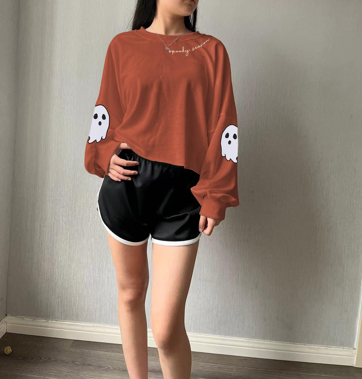 KNBUO Women's Funny Ghost Graphic Crop Sweatshirt Halloween Spooky Season Printed Lantern Long Sleeve Pullover Tops(XL,02CBrown