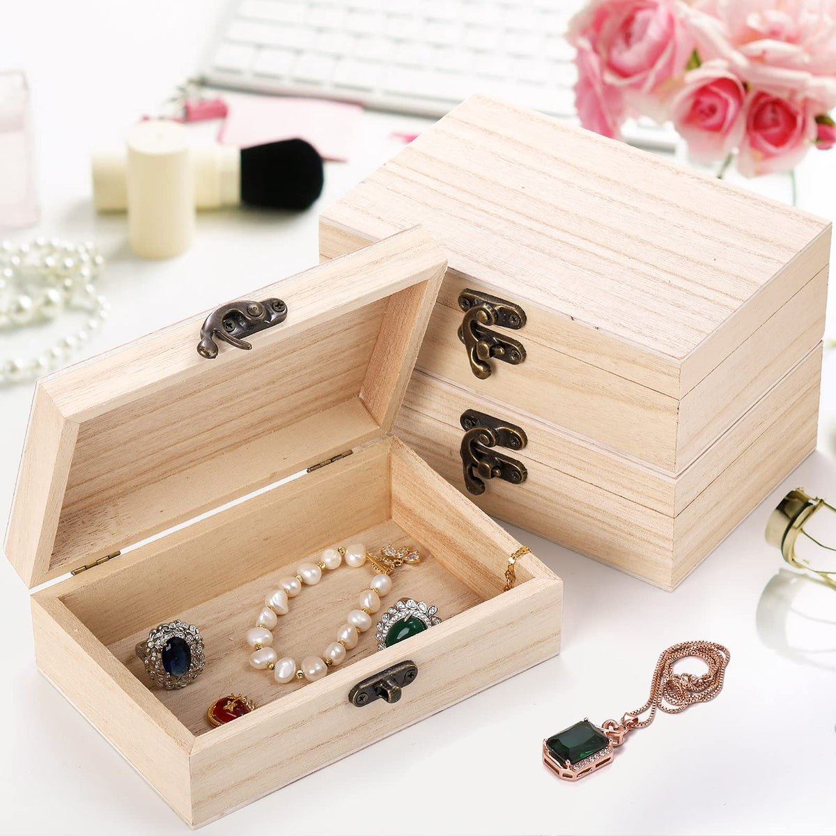 yarlung 8 Pack Unfinished Wooden Boxes for Crafts, 6x4x2 Inch Small Jewelry Storage Box Unpainted DIY Gifts Boxes for Treasure Chest Art Hobbies Memory Box, Hinged Lid with Front Clasp