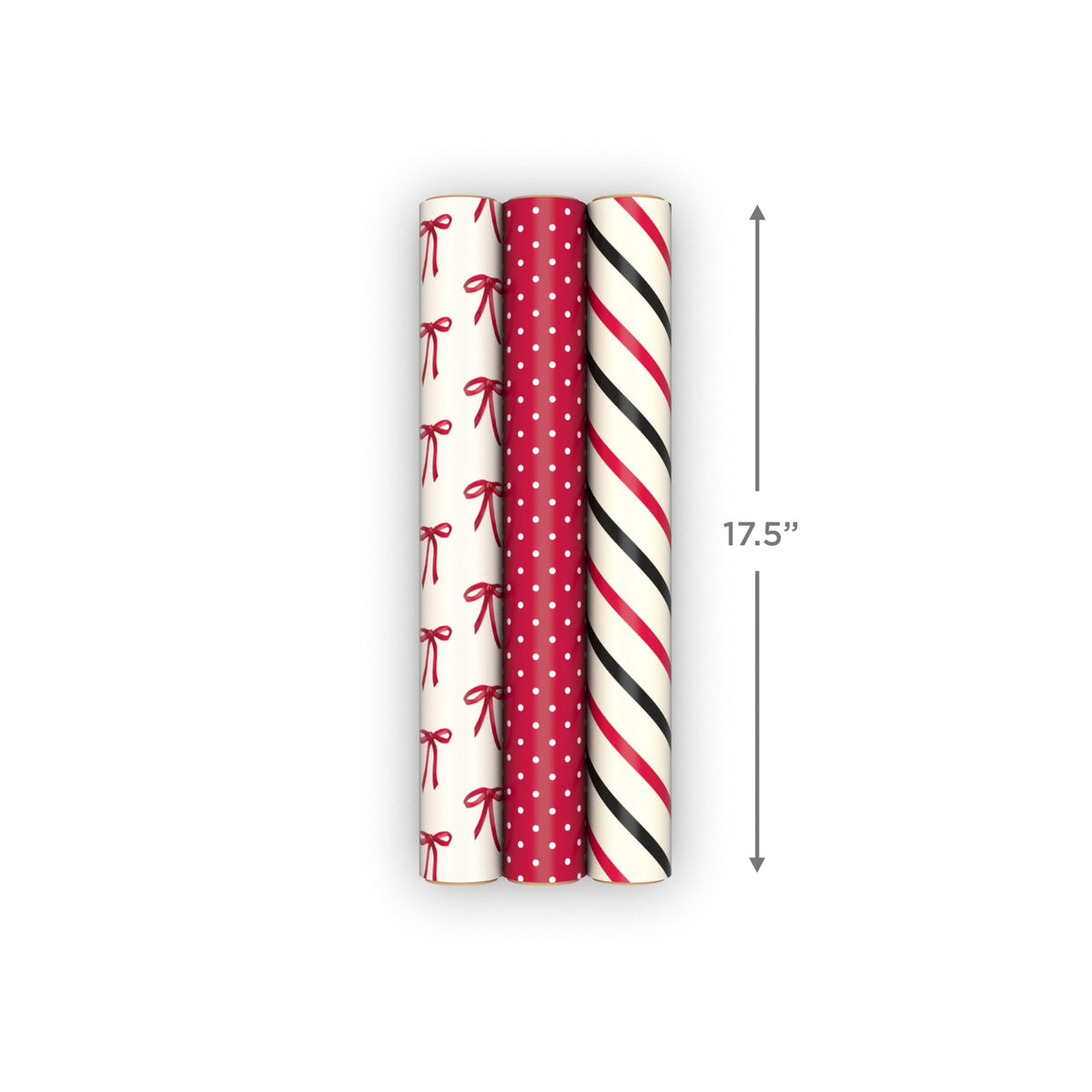 Hallmark Red and Black Wrapping Paper Mini Rolls, 3-Pack (Bows, Diagonal Stripes, Polka Dots) for Valentine's Day, Birthdays, Mother's Day, Bridal Showers - 45 Sq. Ft. Total