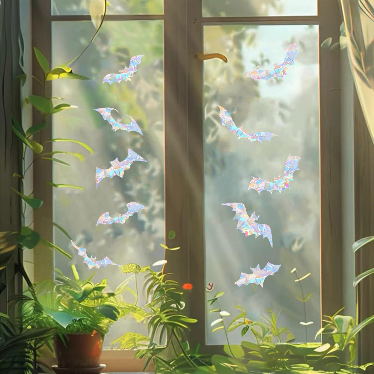 45PCS Halloween Bat Window Stickers Prevent Birds from Hitting Windows, Rainbow Sun Catcher Stickers No Glue Required, Non-Adhesive Reusable Vinyl Rainbow Stickers