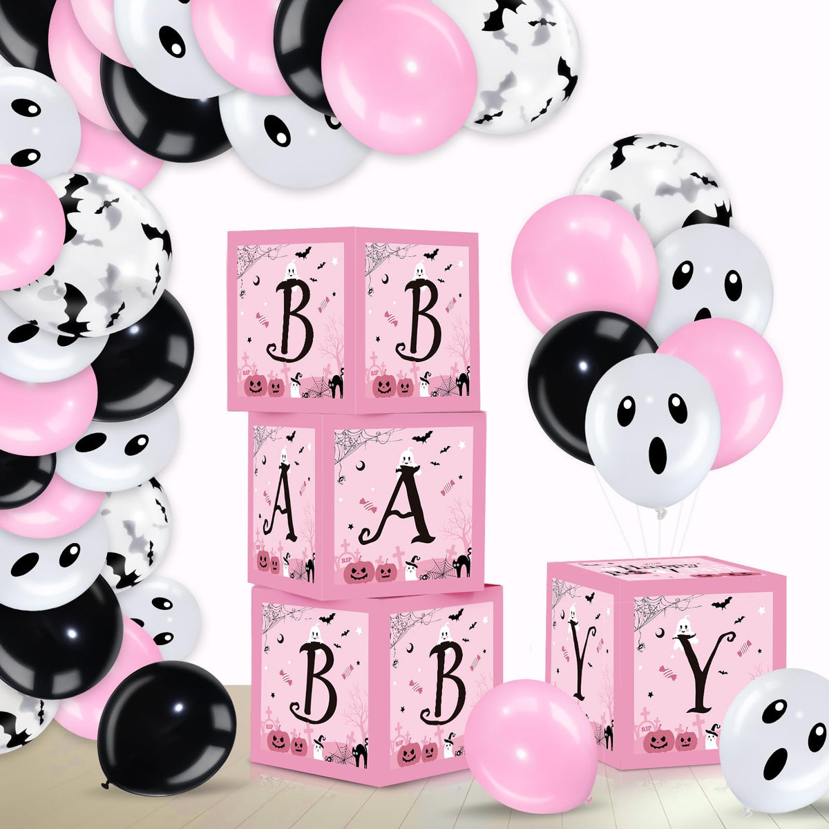 Hiboom 74 Pcs Halloween Balloon Boxes Baby Shower Decorations Pink and Black Halloween Baby Blocks Latex Balloons Garland Arch Kit for Baby Girls Happy Boo Day Birthday Party Supplies Photography Prop