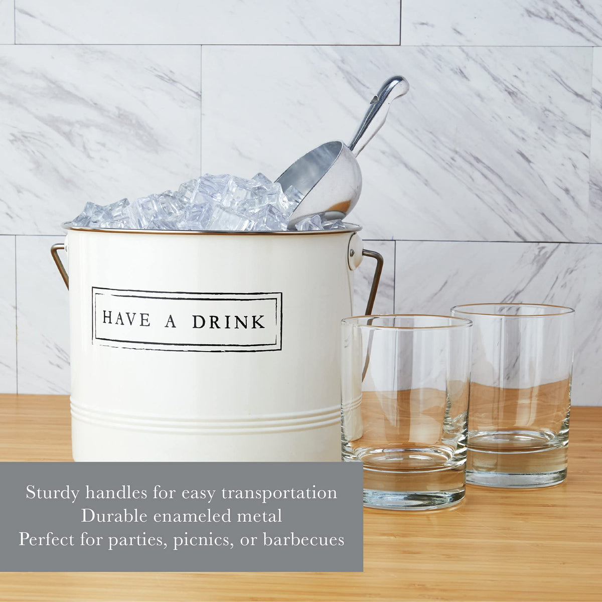 Twine Have A Drink White Enameled Metal Ice Bucket & Scoop for Parties - Wine Bottle And Beer Bottle Bucket in 1 Gallon