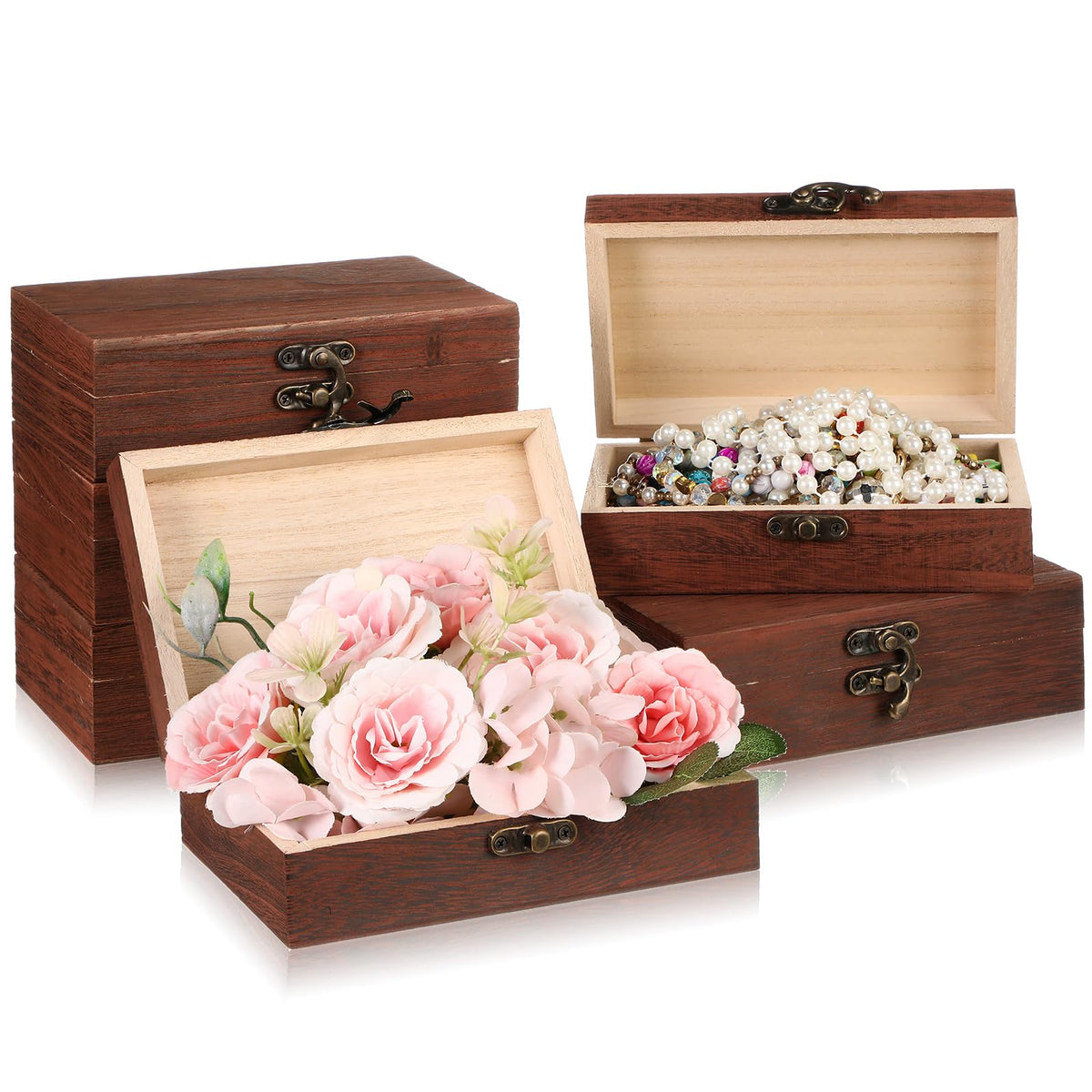 Uiifan 6 Pack Bulk Wooden Box 6 x 4 x 2 Small Unfinished Wooden Boxes with Hinged Lids Small Treasure Chest for Crafts Art Hobbies Storage Jewelry Box DIY Gift (Wood Color)