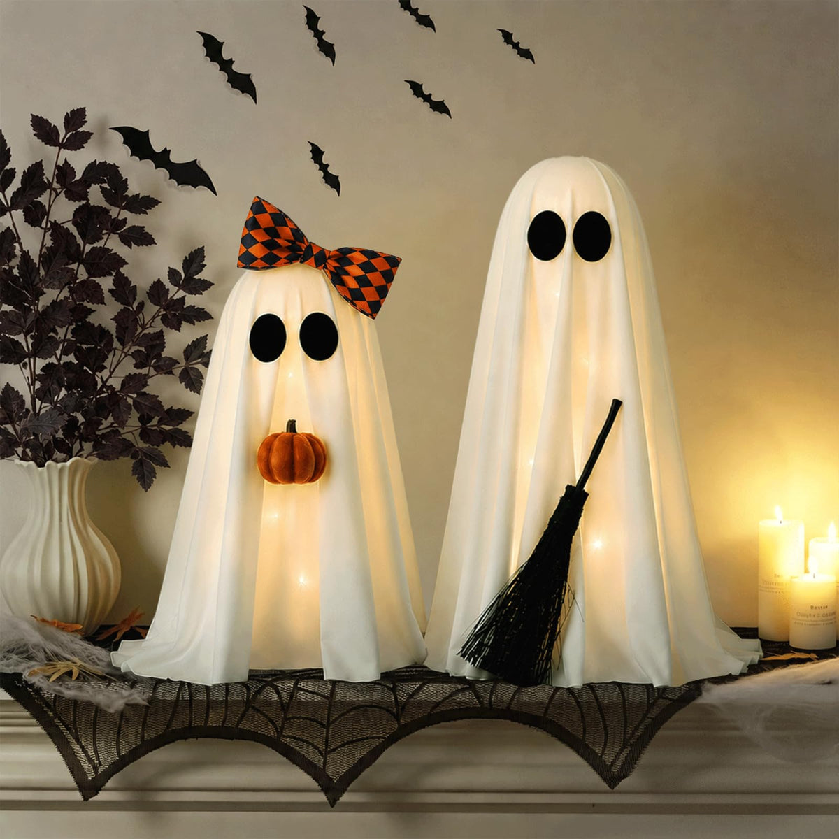 Halloween Decorations, 2 Pack Lighted Spooky Ghost with Pumpkin and Buffalo Plaid Bow, Cute Standing Ghost Decor for Halloween Decorations Indoor Home Office Table Mantel Shelf Party Supply