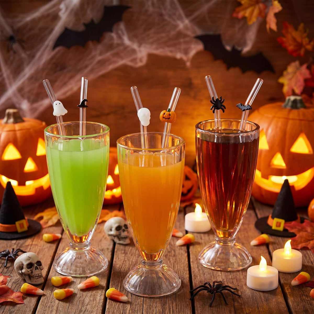 Meanplan 6 Pcs Halloween Glass Straws with Design Pumpkin Spider Ghost Bat Witch Hat Skull Reusable Shatter Resistant Clear Bent Straws with 2 Cleaning Brush for Drinks Cocktail Beverages