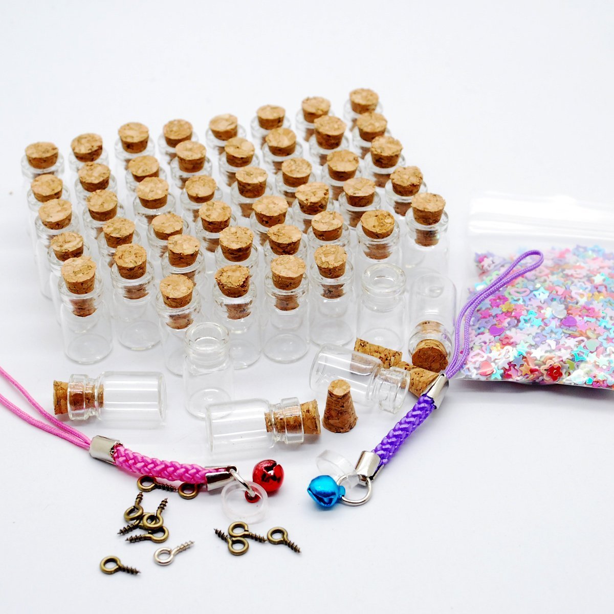 CTKcom 50pcs 0.5ml-extra Mini Tiny Clear Glass Jars Bottles with 50pcs Cork Stoppers and 50pcs Eye Screws, Glass Bottles for Decoration, Arts & Crafts, Projects, Party Favors