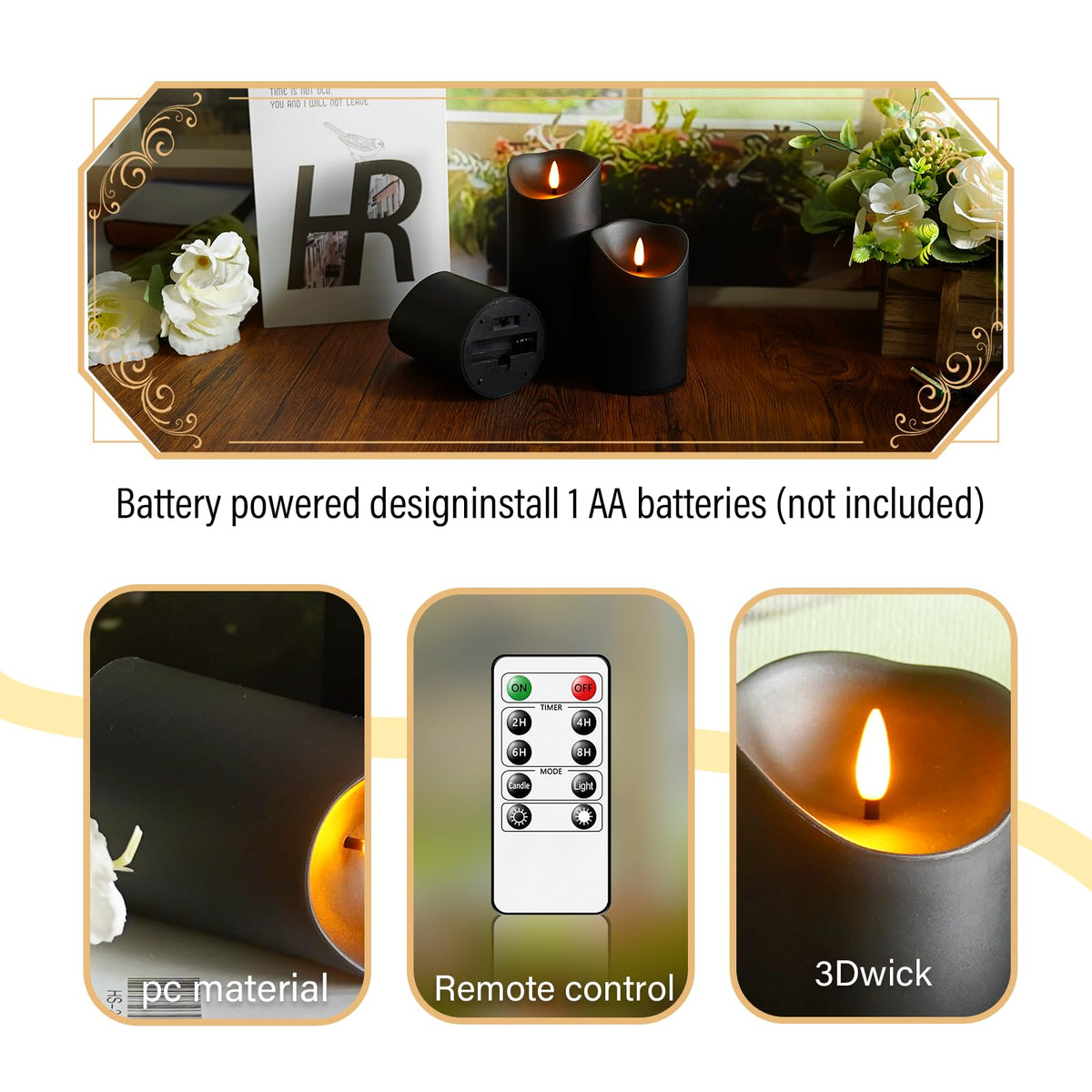 Eebuss Flameless Candles with Remote Timer, Battery Operated Realistic Flickering LED Candles, 9 Packs Fake Candles for Home Decor (D3 x H 3" 4" 5" 6" 7") (Black)