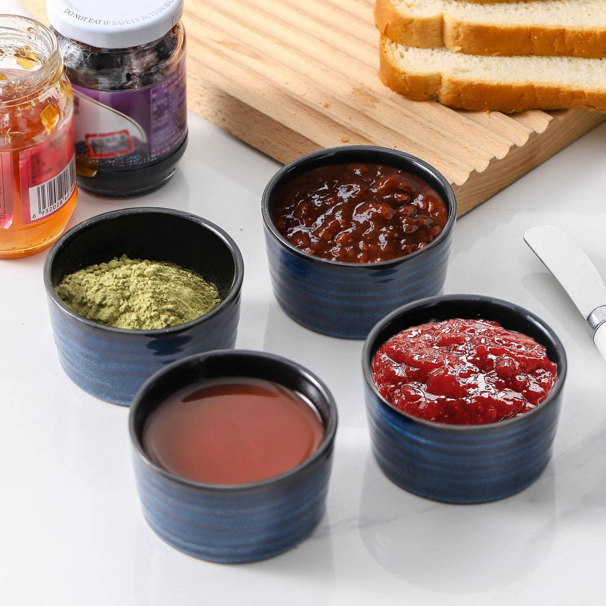 Hasense 4 oz Ramekins Oven Safe,Ceramic Creme Brulee Dish for Baking Set of 6,Porcelain Dipping Sauce Bowls for Pudding, Souffle,Serving Dip,Custard,Ice Cream(Blue)